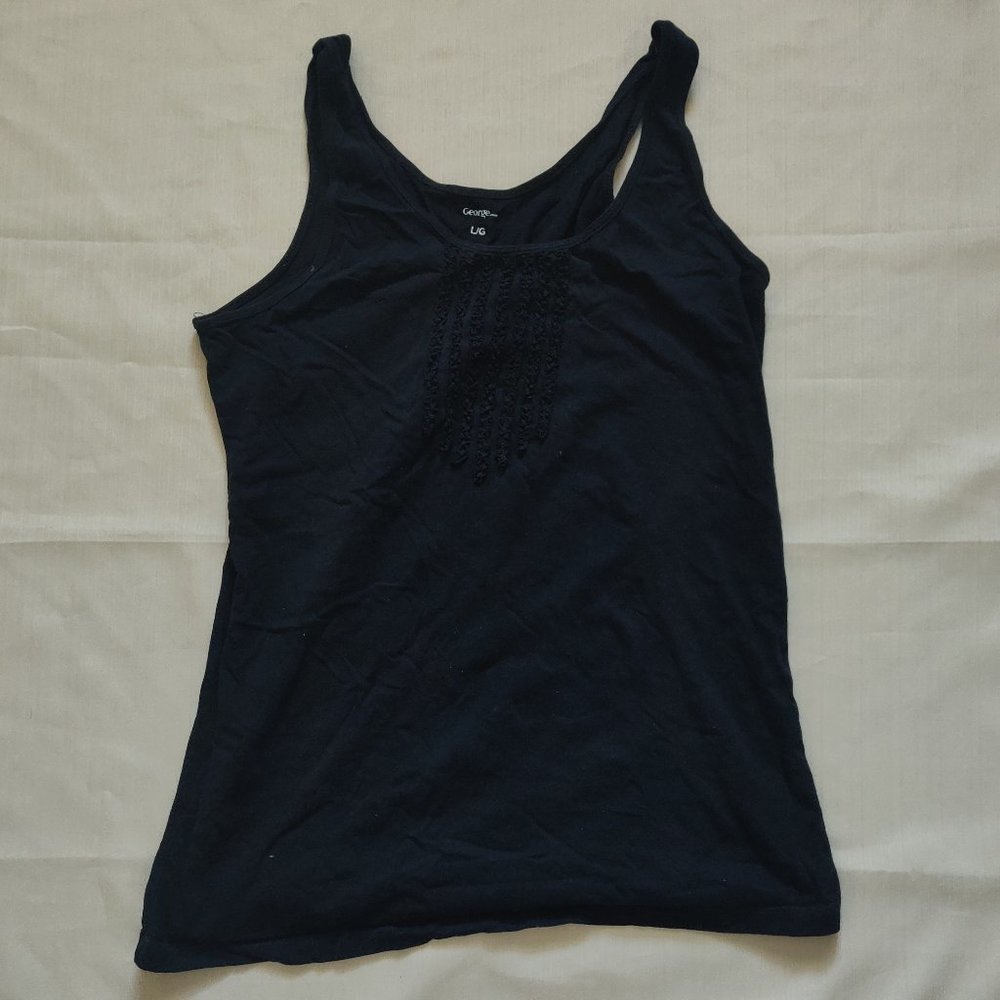 Women's Solid Black Sleeveless Tank Top with Ruffled Bodice 100% Cotton Size L